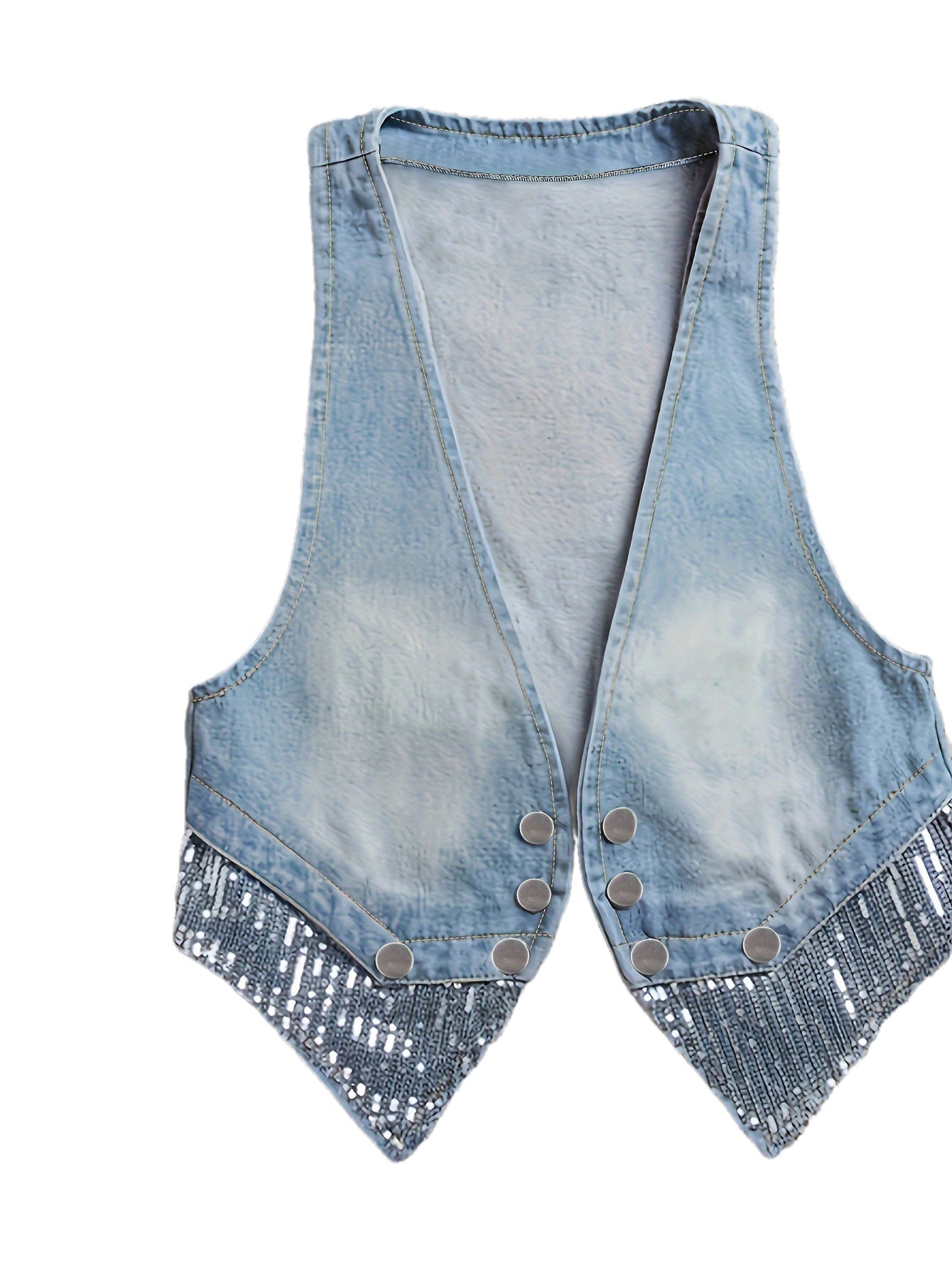 Chic Sequined Sleeveless Denim Vest - Deep V Neck, Slim Fit Crop Top, Casual Women's Fashion for Spring/Fall