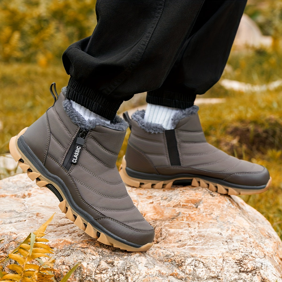 Men's Winter Snow Boots with Fleece Lining - Waterproof, Non-Slip Outdoor Hiking & Camping Shoes, Vintage Style