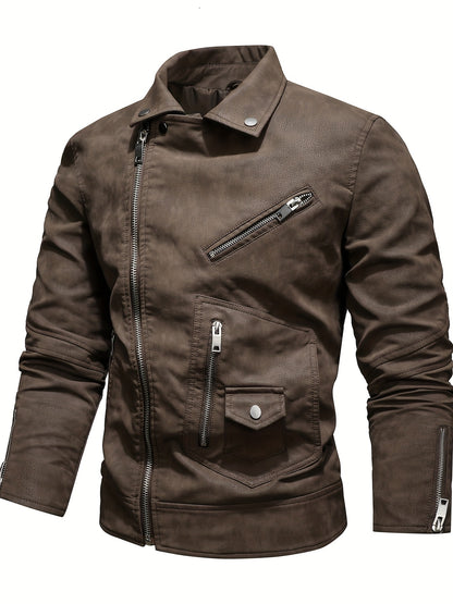 Mens Long Sleeve Lapel Thermal PU Leather Jacket with Zipper Pocket - Water-Resistant, Windproof, and Warm for Fall and Winter Outdoor Activities - Perfect for Casual Weekend Getaways and Going Out