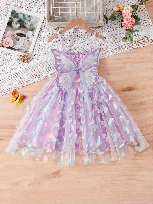 95% Cotton Girls' Princess Cami Dress with Sweet Butterfly Wings & Gradient Tulle - Perfect for Summer Parties & Birthday Celebrations