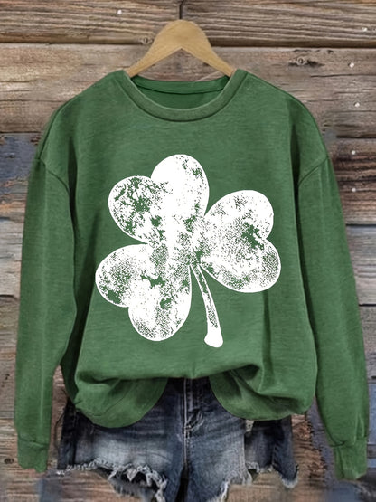 Vibrant Clover Print Crew Neck Long Sleeve Sweatshirt - Soft Micro Elasticity Polyester Fabric, Relaxed Fit, Vacation Style - Perfect for St Patricks Day and Fall/Winter Seasons