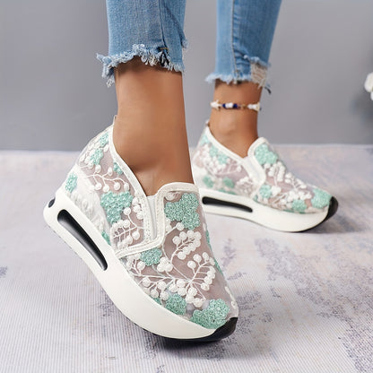 Womens Floral Lace Charm - Casual Height Enhancing Slip-On Shoes with Stylish Platform - Versatile Low Top for Everyday Elegance