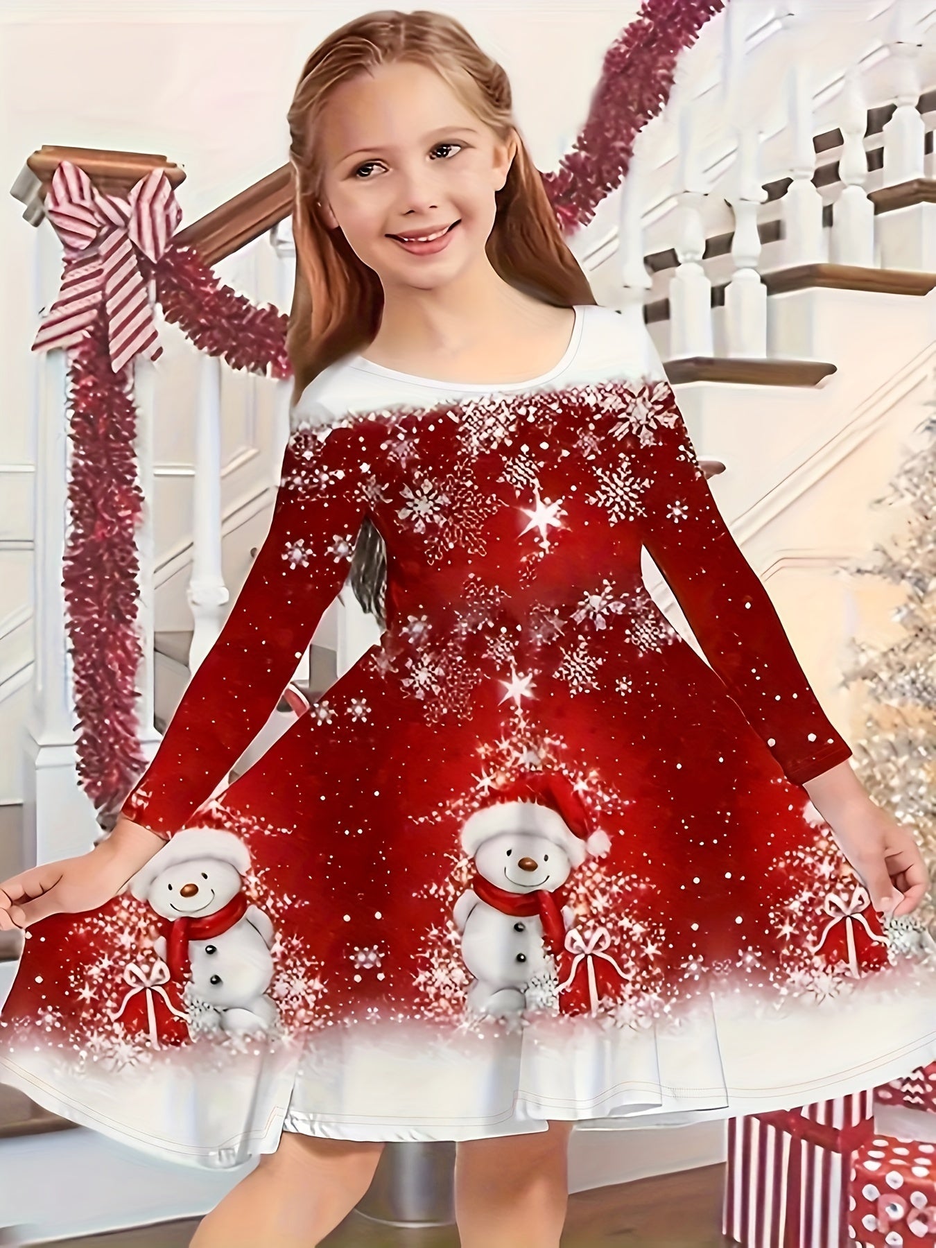 Long Sleeve Elegant Snowman Graphic Dress for Girls (Random Cut, Slight Different From Picture) for Spring Fall Christmas Gift Party