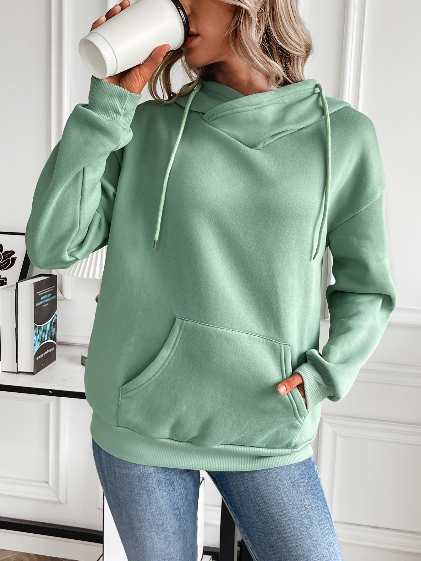 Womens Chic Solid Drawstring Hoodie Sweatshirt - Adjustable Hood, Cozy Pocket, Long Sleeves - Trendy Casual Wear for Comfort and Style