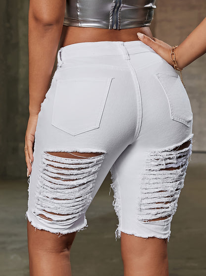 Womens Fashion-Forward Distressed Denim Shorts - Trendy Ripped Mid Waist Bermuda Style - Perfect for Summer, Chic Streetwear Look