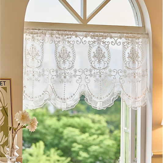 1pc Exquisite French Double Beaded Ruffled Lace Short Curtain Valance - Embroidered Tulle Design, Pocket Top, Half Curtain Rod, Decorative Door Curtain for Kitchen, Small Window, Living Room, Office, and Home Decor