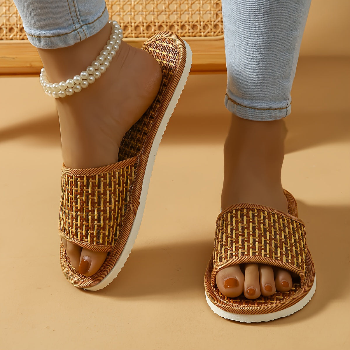 Cozy Rattan Slippers - Soft Linen Lined, Open-Toe, Slip-On Design, Comfortable Indoor Shoes for Relaxation - Perfect for Home, Spa, or Poolside