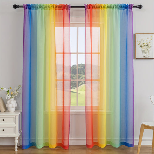 2pcs Rainbow Print Translucent Curtains Yarn Curtains For Living Room Bedroom Balcony Office Home Decor