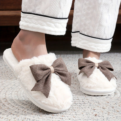 Luxurious Fuzzy Bowknot Slippers - Soft Sole, Seamless Closed Toe, Ultra-Cozy Home Shoes - Anti-Slip, Plush Comfort for Indoor Wear