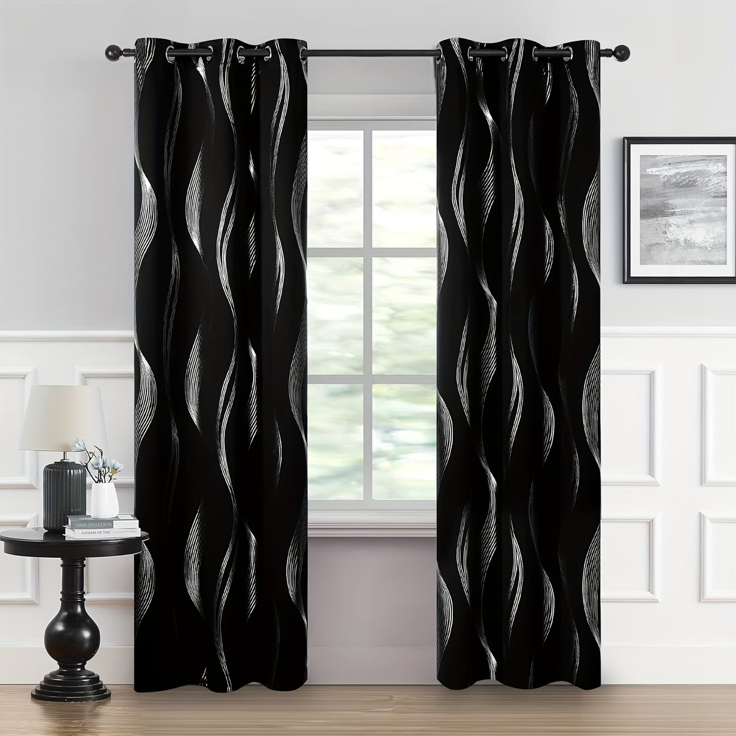 2PCS Luxurious Blackout Curtains with Grommet Top - Thermal Insulated, Noise Reducing, High Precision Bronzing Striped Wave Pattern for All-Season Room Darkening - Polyester Drapes for Bedroom and Living Room with Easy Installation