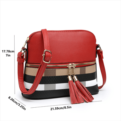 Tepilte Lightweight Medium Dome Crossbody Bag Shoulder Bag with Tassel Plaid Pattern