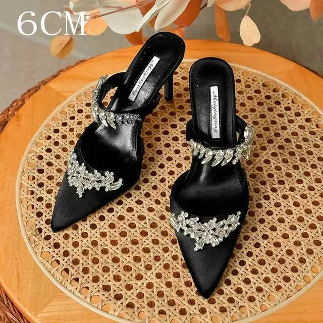 Crystal Slipper Mueller Shallow Mouth Pointed Silk Rhine-Drill High White Slender Heels Wedding Shoes Kq8