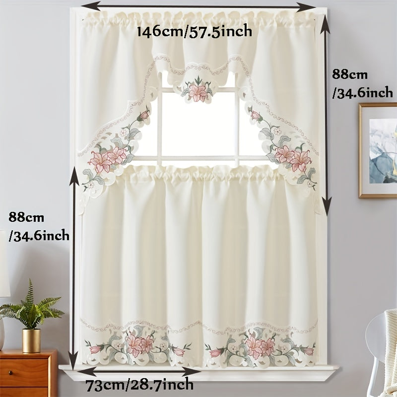 3-Piece Polyester Beige Floral Embroidered Window Curtains - Perfect for Home Decoration in Bedroom, Living Room, Kitchen & More!