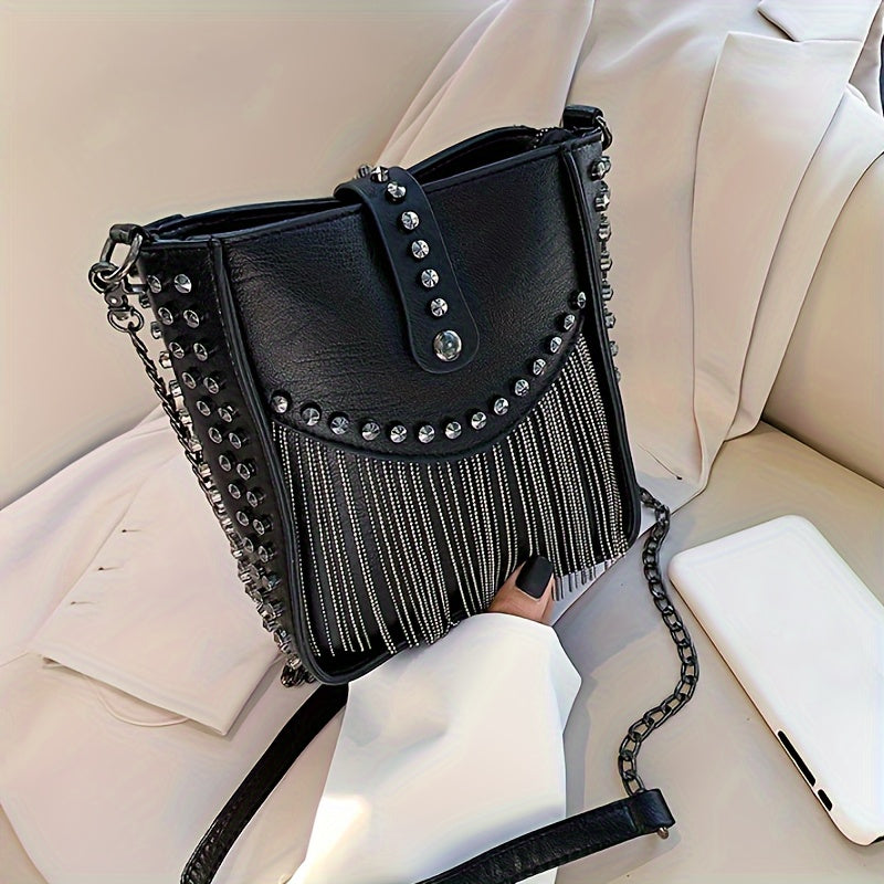 Trendy Punk Style Mini Bucket Bag - Fringe & Studded Accent, Premium PU Leather, Tassel Charm, Adjustable Chain Crossbody Strap for Fashion-Forward Women