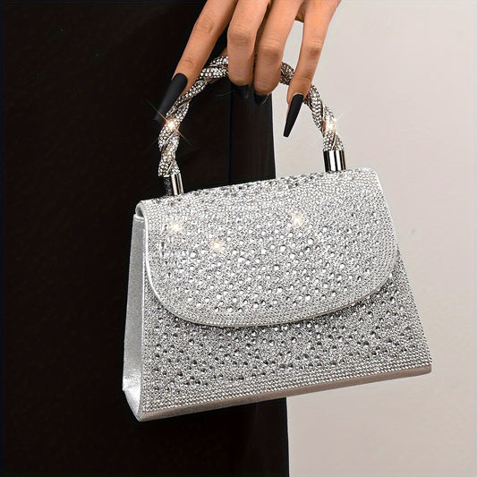 Mini Glitter Rhinestone Satchel Dinner Bag - Shiny Silvery Magnetic Closure Party Flap Handbag with Polyester Lining for Women - Solid Color, Decorative, Sparkling, and Elegant Accessory for Special Occasions