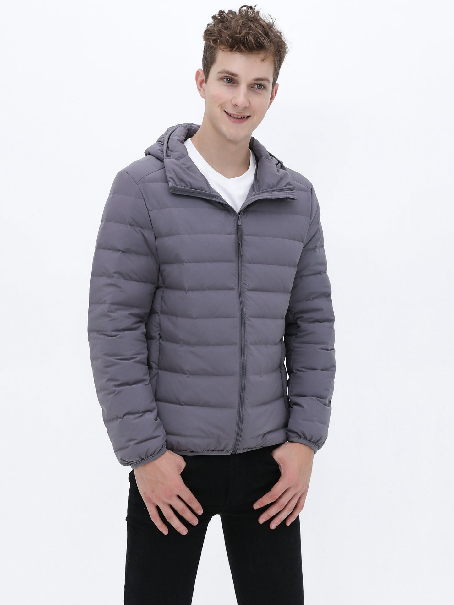 Warm Lightweight Puffer Hooded Jackets, Men's Casual Solid Color Classic Design Quilted Jacket For Fall Winter