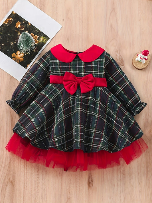 Girls' Plaid Waist Bow Stitched Mesh Christmas Dress