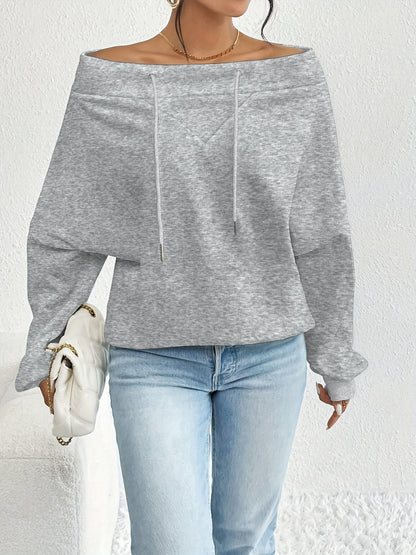 Cozy Off-The-Shoulder Drawstring Pullover Sweatshirt - Women's Casual Long Sleeve Crew Neck Apparel for Spring & Fall - Soft, Breathable, and Comfortable Fashion Clothing