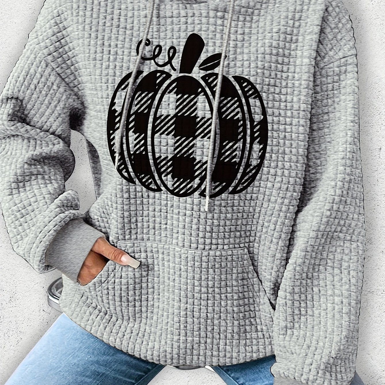 Casual Polyester Waffle-Knit Hoodie with Halloween Pumpkin Applique - Comfortable Fall/Winter Spandex Blend, Style Hooded Sweatshirt with Plant Pattern, Cozy Knitted Fabric