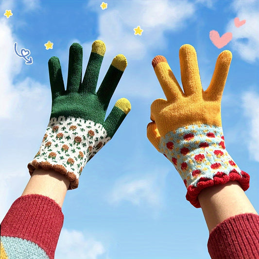 Cozy Knit Winter Gloves with Cute Patterns - Touchscreen Compatible, Windproof & Warm for Cycling and Skiing