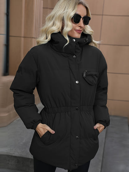 Solid Color Button & Zipper Front Hooded Down Coat, Long Sleeve Elastic Waist Belted Puffy Coat For Winter, Women's Clothing