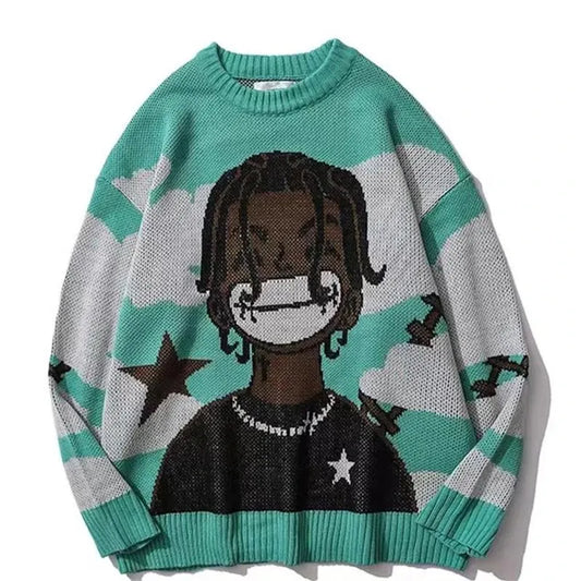 Harajuku Vintage Cartoon Anime Knitted Sweater Men Women Winter Oversized Rock Hip Hop Rap Pullover Jumper Sweater