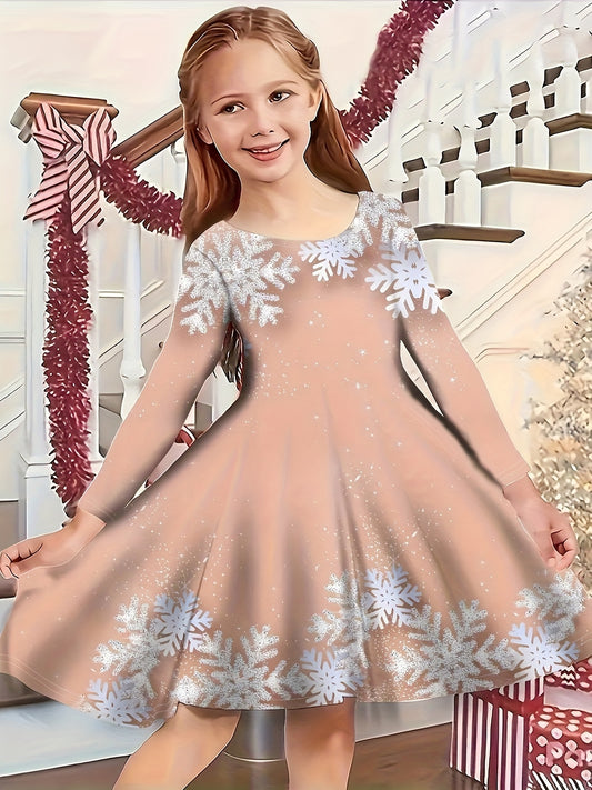 Long Sleeve Elegant Snowman Graphic Dress for Girls (Random Cut, Slight Different From Picture) for Spring Fall Christmas Gift Party