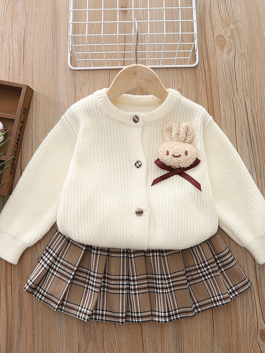 Girls' Knit Sweater and Plaid Skirt Set - Cotton Blend, Acrylic and Polyester - Bow Detail - Regular Fit Dressy Outfit for Children 12 and Under - Ideal for Fall/Winter