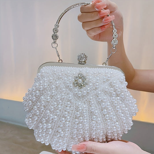 Stunning Floral Handle Clutch Bag - Buckle Closure, Metal Chain Strap, Solid Color Polyester Lining, Perfect for Wedding Party Events