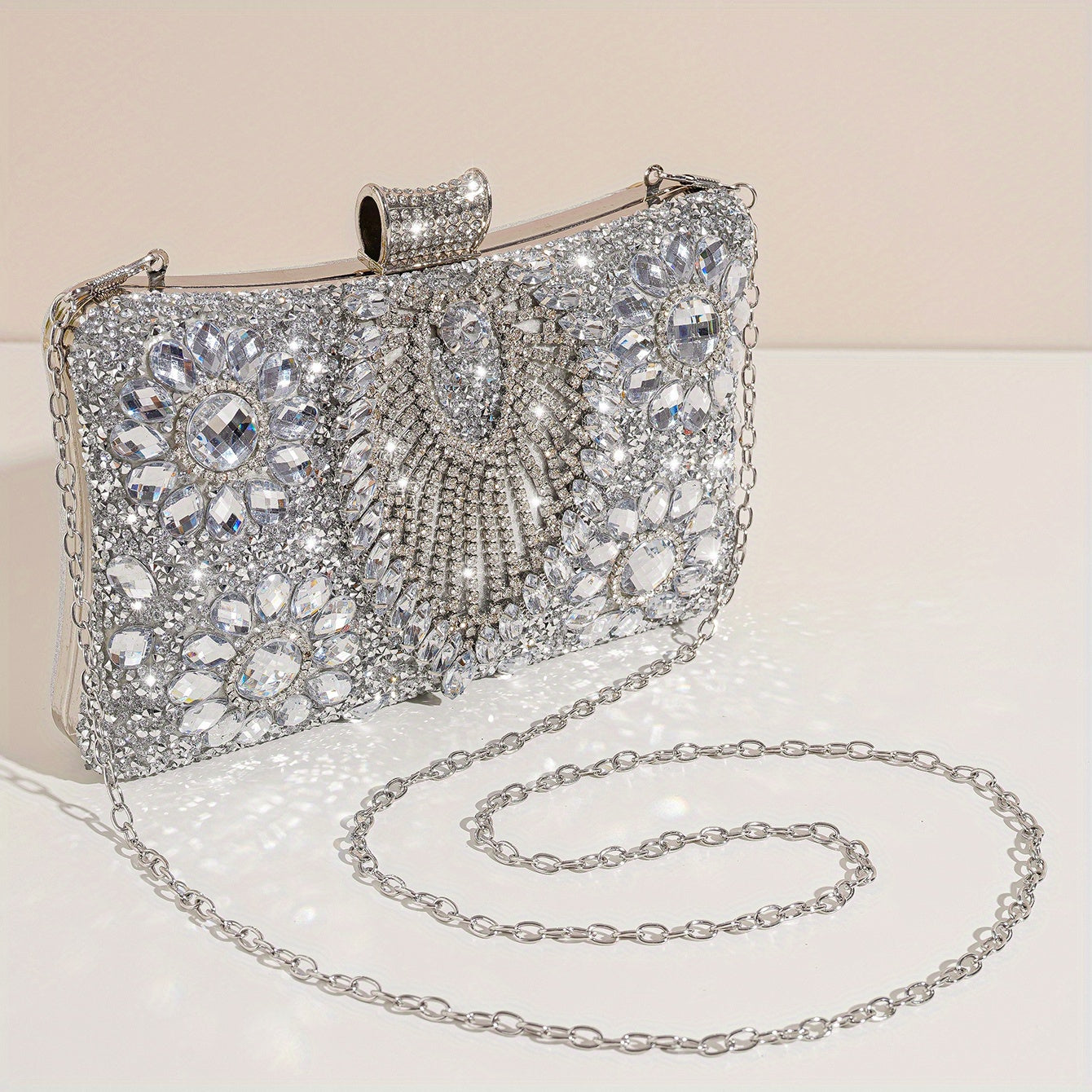 Elegant Silver Rhinestone Evening Clutch – Removable Strap, Buckle Closure, Polyester Lining, Ideal for Bridal and Special Occasions