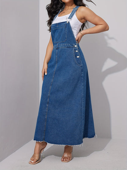 Chic Blue Distressed Denim Overall Dress - Adjustable Straps, Loose Maxi Fit, Stylish Womens Jeans Clothing