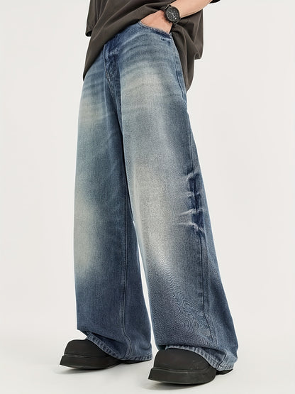 Men's Cotton Blend Wide Leg Jeans - Casual Loose Fit, Mid Waist Button Fly Denim Pants with Washed Detail, Non-Stretch Solid Color, Regular Length, All-Season Vintage Street Style, 65% Cotton 35% Polyester