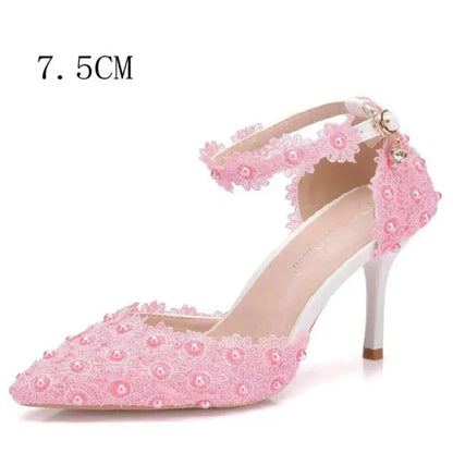 9Cm White Lace Wedding One Word Buckle Strap Thin Heels Pointed Toe Bride Female Sandals Bridesmaid Shoes Kq8