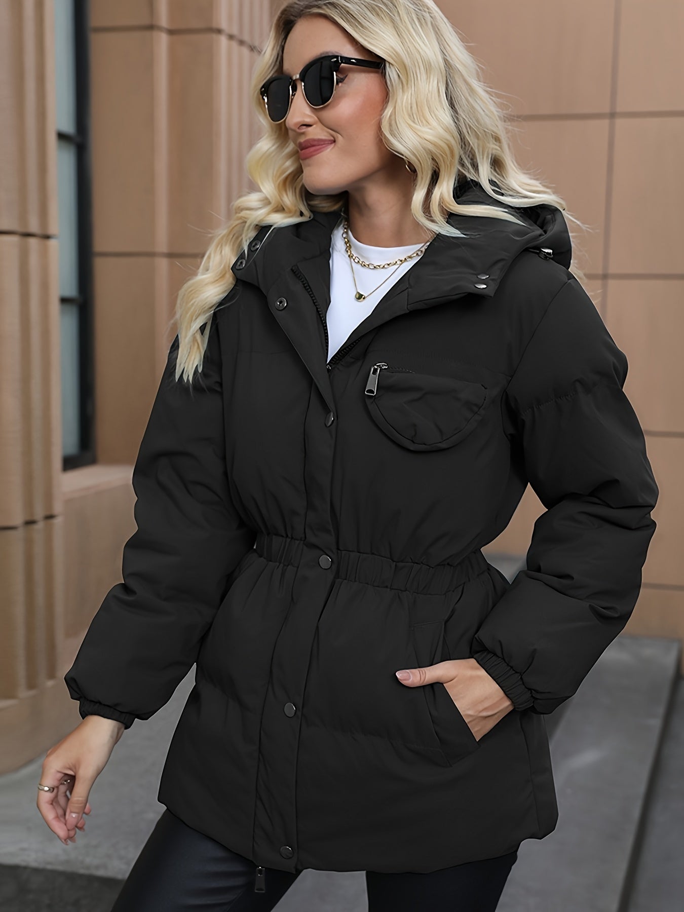 Solid Color Button & Zipper Front Hooded Down Coat, Long Sleeve Elastic Waist Belted Puffy Coat For Winter, Women's Clothing