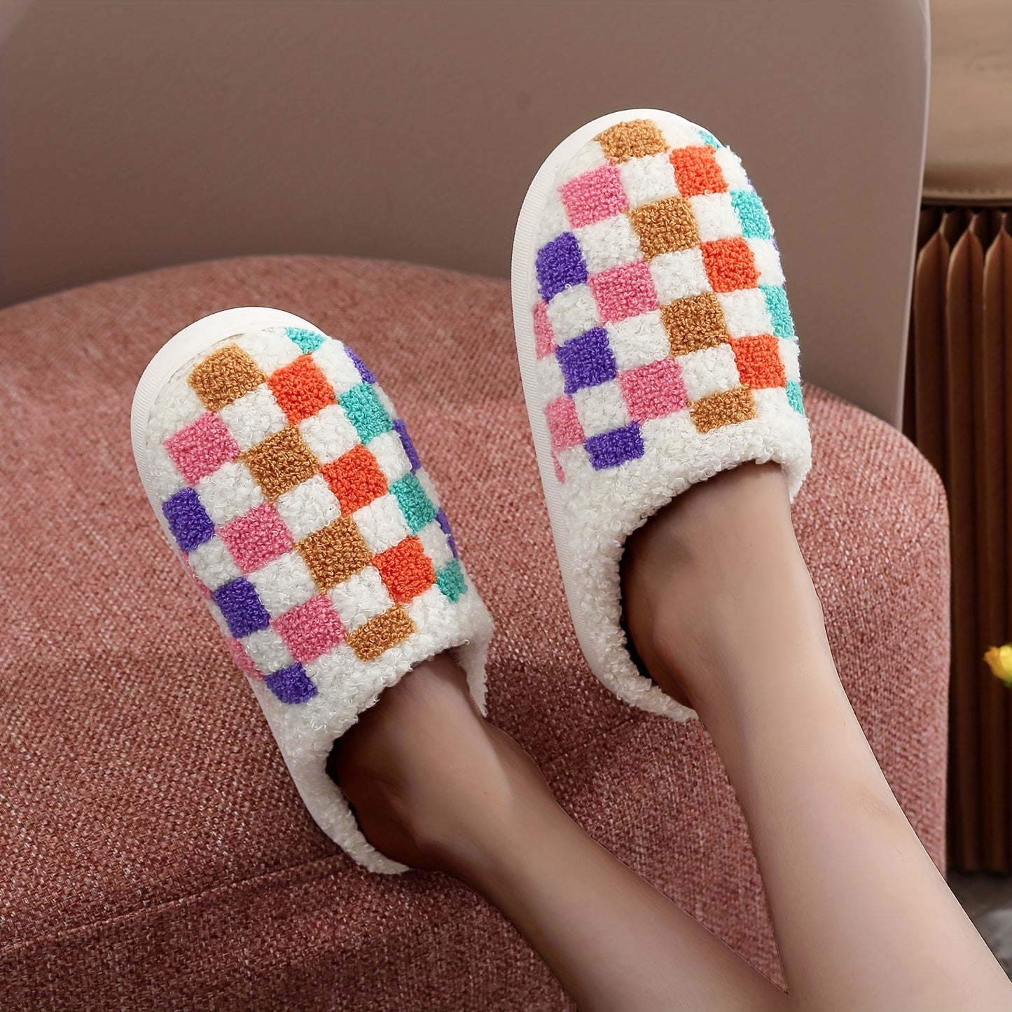 Vibrant Checkered Plush Slippers - Ultra Soft, Warm, and Cozy Indoor Shoes with Cushioned Insoles for Comfortable Walking - Perfect for Home, Lounge, or Leisure Activities