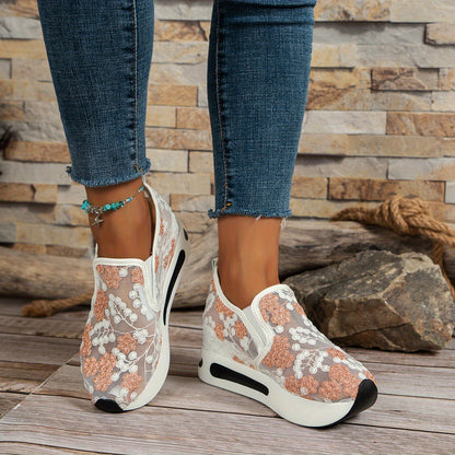 Womens Floral Lace Charm - Casual Height Enhancing Slip-On Shoes with Stylish Platform - Versatile Low Top for Everyday Elegance