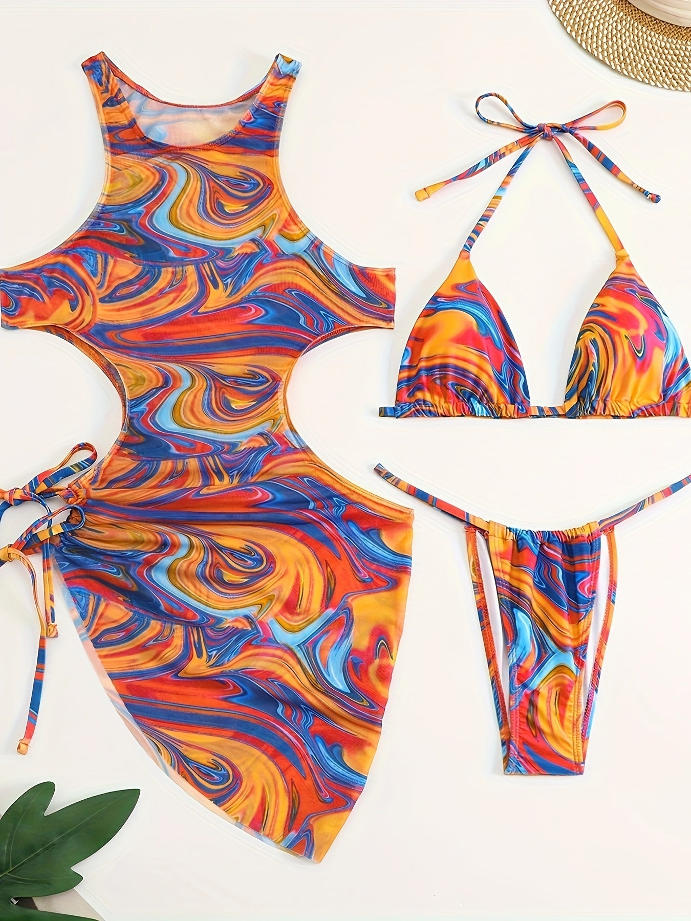 3-Piece Tropical Print Swimsuit Set - High-Stretch, Lace-Up Bikini Top with Tie, High-Waisted Cutout Bottom, Sun Protective Cover-Up Dress, Machine Washable, Polyester Fabric, Knit Construction