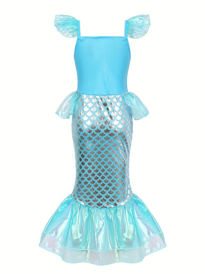 Girl's Mermaid Princess Dress With Accessories Set, Sequin Decor Mesh Ruffled Dress, Fairy Tale Character dress, For Halloween Holiday Party Prom Birthday Performance