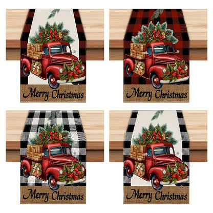 Yuletide Bliss, Merry Christmas Table Runner - Buffalo Plaid with Truck & Tree Design, Polyester, Perfect for Holiday Dining Decor, 13" x 72