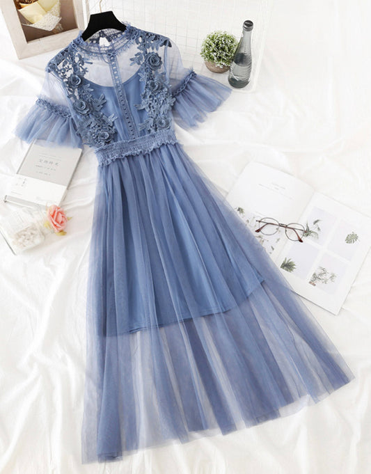 VAKKV Cute A Line Tulle Lace Applique Dress Summer Dress P337