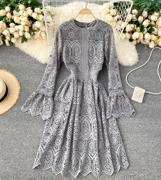 VAKKV A Line Lace Long Sleeve Dress Fashion Dress P334