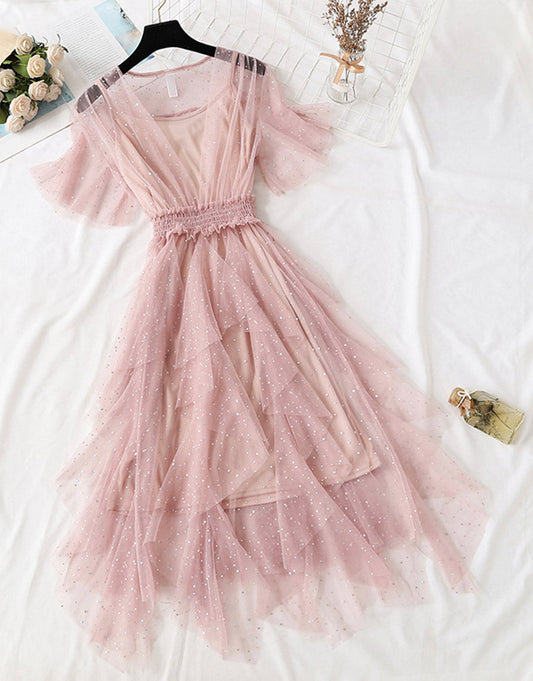 VAKKV Girl Summer Dress A Line Tulle Dress With Sequins P335