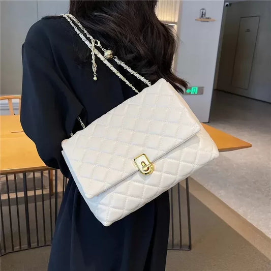 burminsa Quilted Large Chain Shoulder Bags For Women  Luxury Designer Crossbody Bags PU Leather Ladies Handbags Black White G53U#