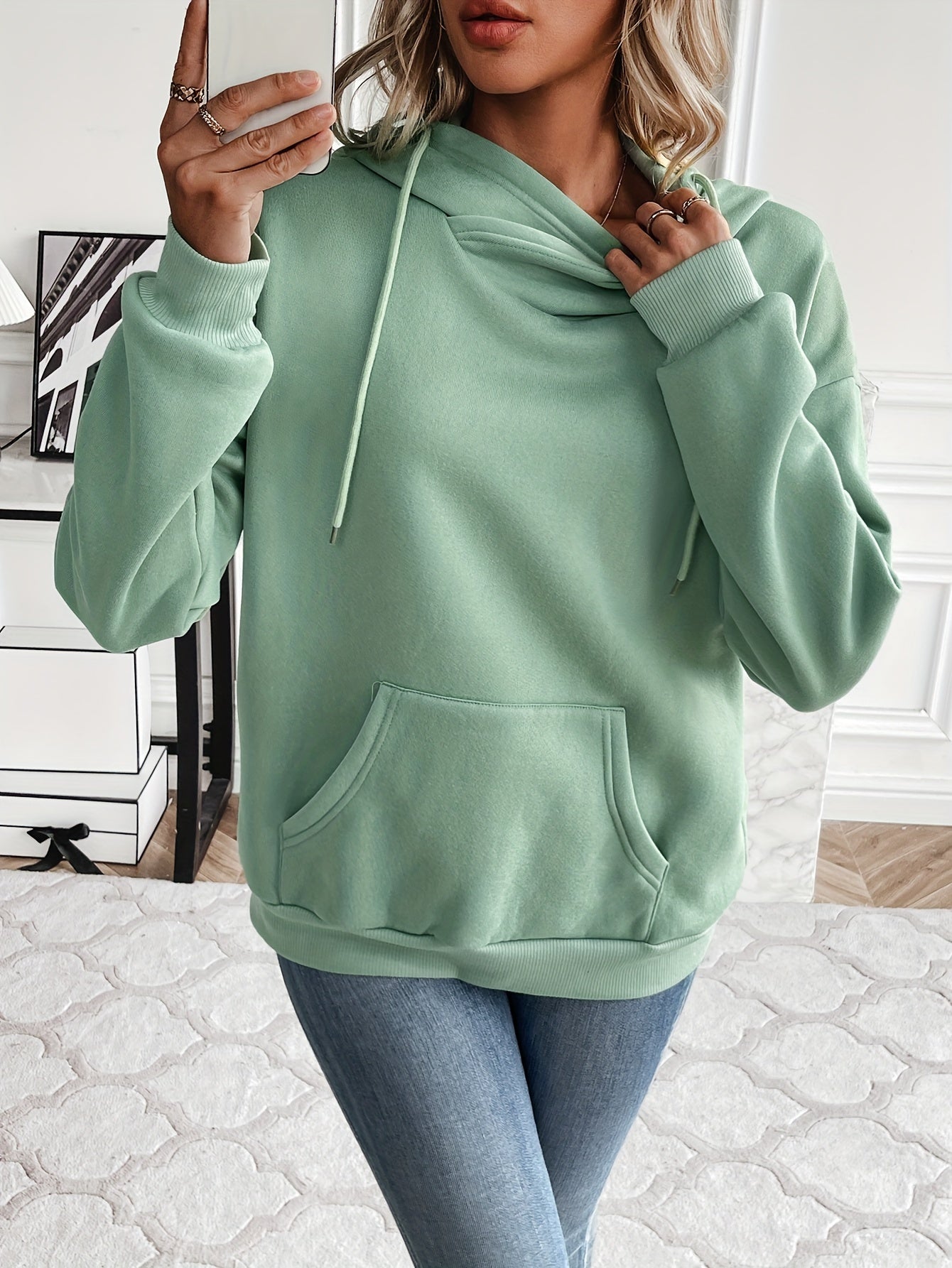 Womens Chic Solid Drawstring Hoodie Sweatshirt - Adjustable Hood, Cozy Pocket, Long Sleeves - Trendy Casual Wear for Comfort and Style