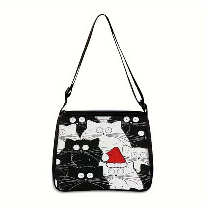 Cartoon Black CatPattern Shoulder Bag, All-Match Zipper Handbag, Trendy Bag Suitable For Christmas Gift