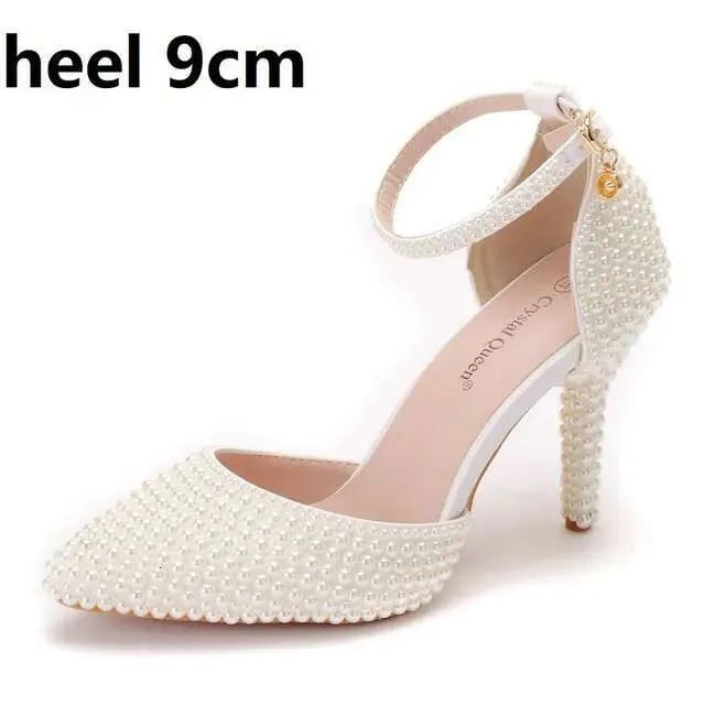 White Pearl Pointed High Fine Heel Sandals Female Bride Wedding Shoes Party Banquet Kq8