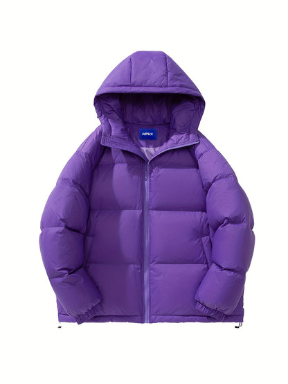 Men's Loose Solid Down Jacket With Pockets, Casual Breathable Zip Up Long Sleeve Warm Hooded Outwear For Winter Outdoor Activities