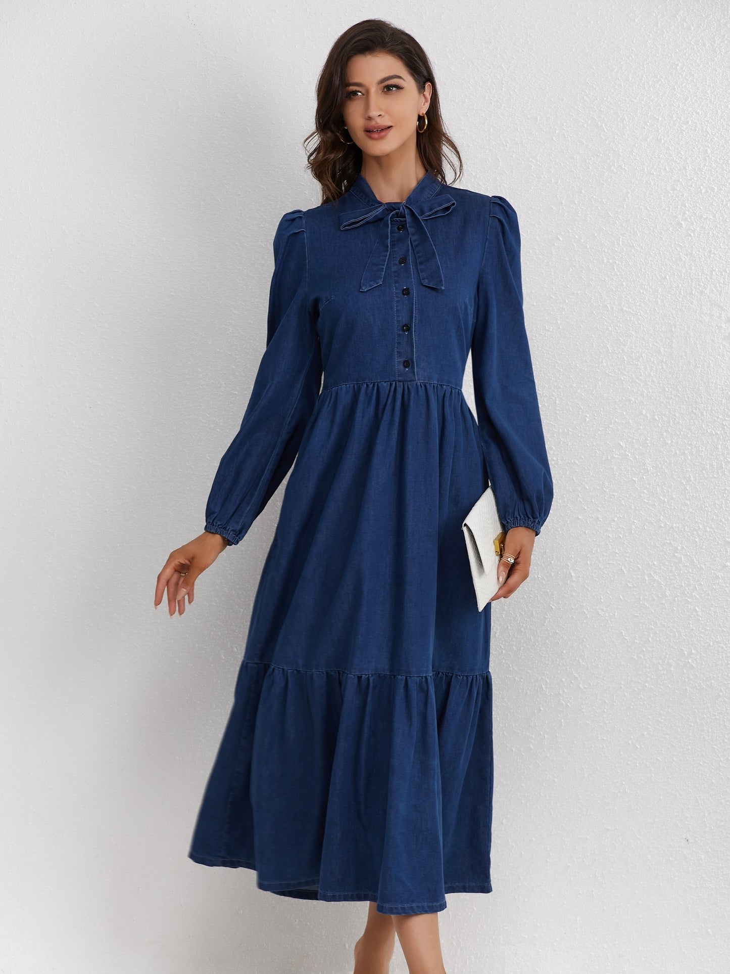 Elegant Style Plain Washed Blue Bowknot Tiered Layered Ruffled Puff Long Sleeve Maxi Denim Dress, Women's Denim Jeans & Clothing