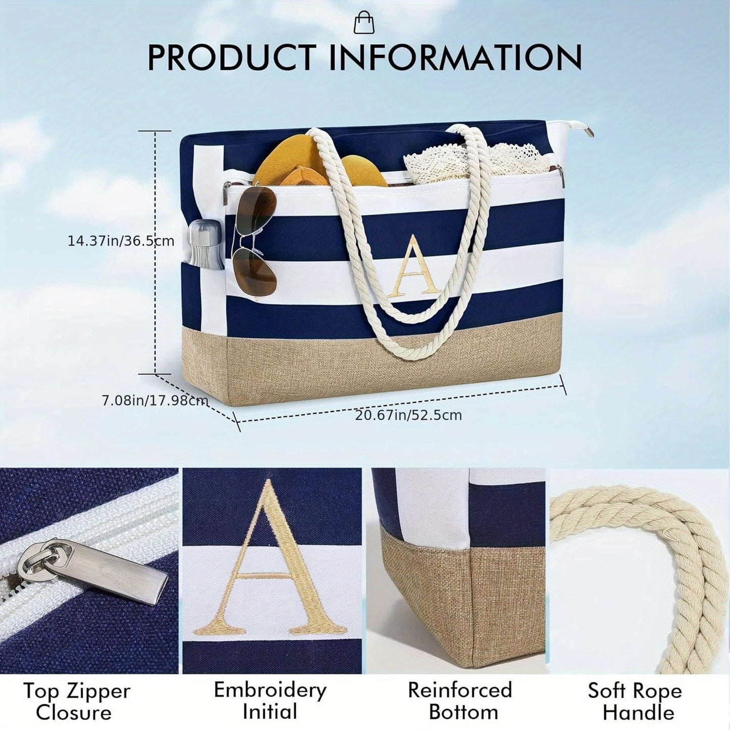 [Fast Arrival] Large Personalized Initial Beach Tote Bag - Spacious Zipper Bag for Women - Perfect Birthday Gift, Travel, Beach Essential, Stylish and Durable Companion