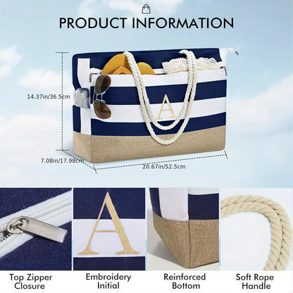 [Fast Arrival] Large Personalized Initial Beach Tote Bag - Spacious Zipper Bag for Women - Perfect Birthday Gift, Travel, Beach Essential, Stylish and Durable Companion